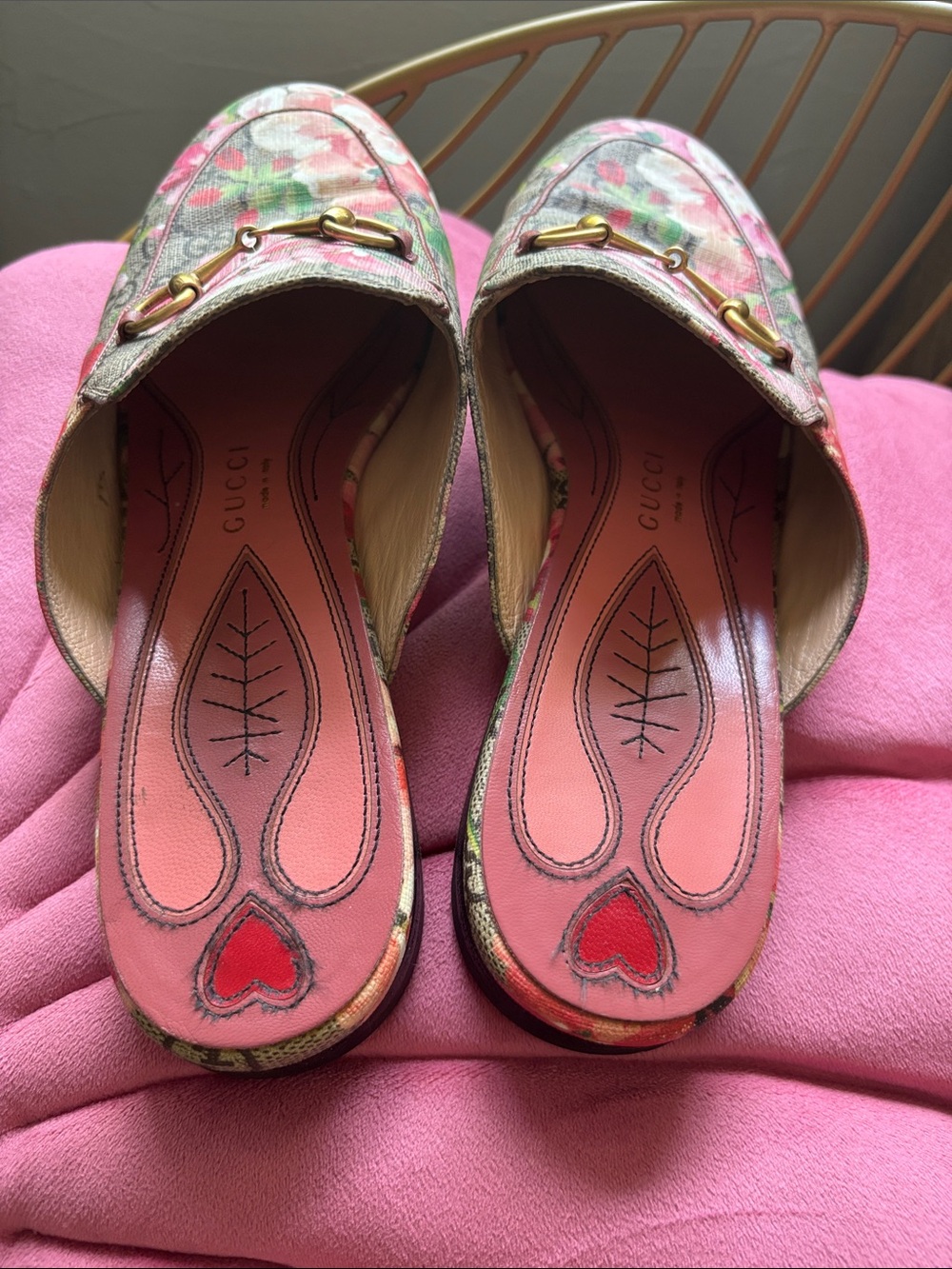 Gucci Blooms Horsebit Princetown Mules GG Floral Canvas Leather Slip On Pink Tan - Picture 16 of 17